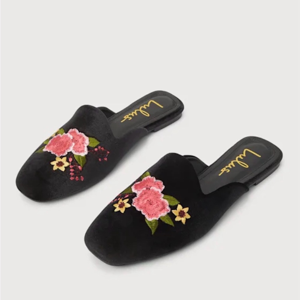 Luxe Black Mules with Pink Floral Design